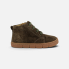 Pom d'Api Teko barefoot shoes in brown suede with khaki laces, a side zipper, and a flexible rubber sole