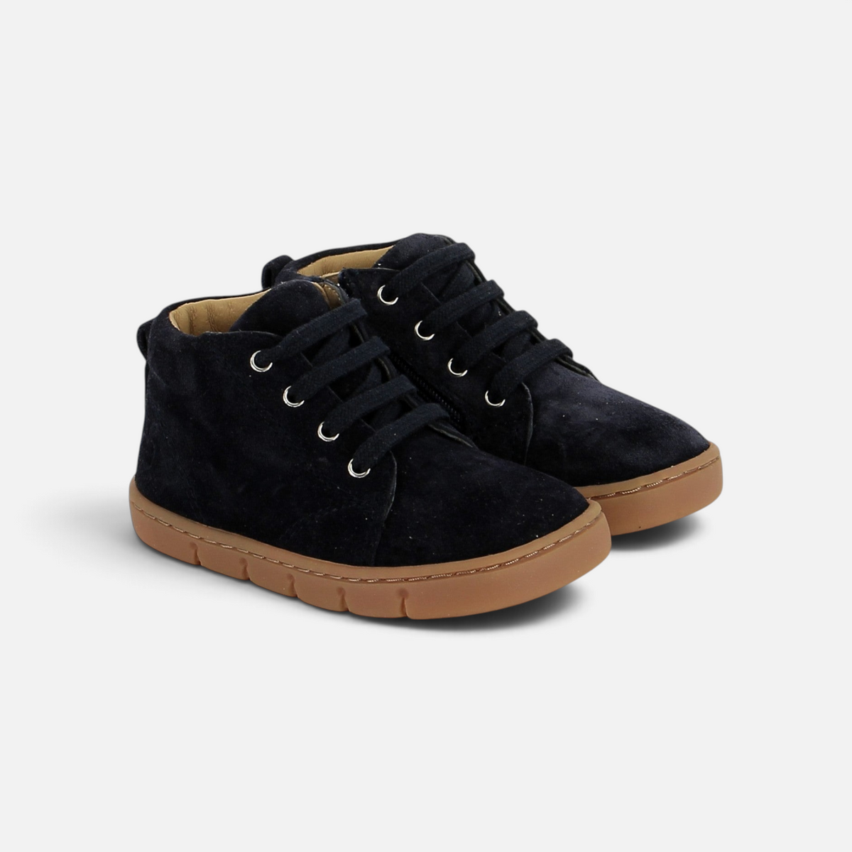 Pom d'Api Teko barefoot shoes in navy blue suede with laces, a zipper closure, and a flexible rubber sole.