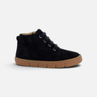 Pom d'Api Teko barefoot shoe in navy blue suede with laces, a side zipper, and a flexible natural rubber sole
