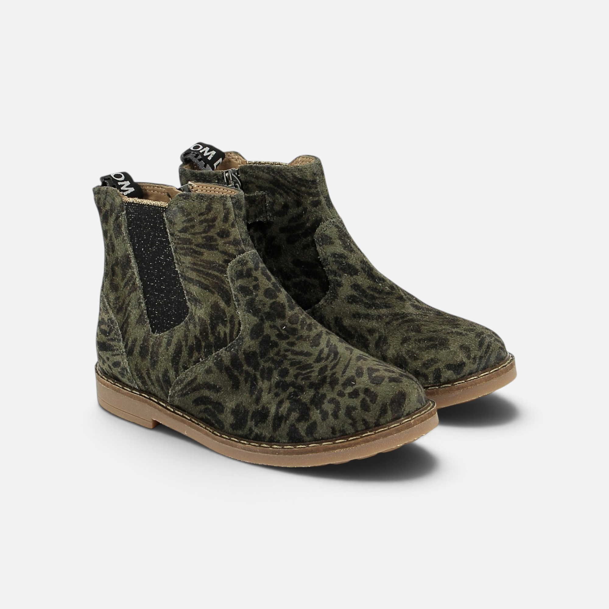Bottines Chelsea Pom d'Api Trip en cuir kaki à motif léopard avec fermeture éclair latérale et semelle en caoutchouc