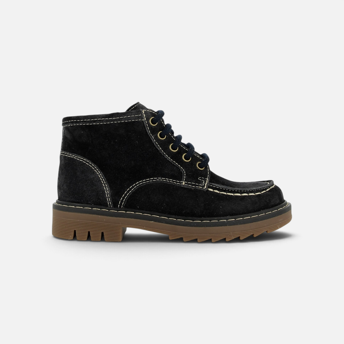 Bottines Pom d'Api Sid Lace Plato en velours noir avec surpiqûres contrastées et semelle crantée marron