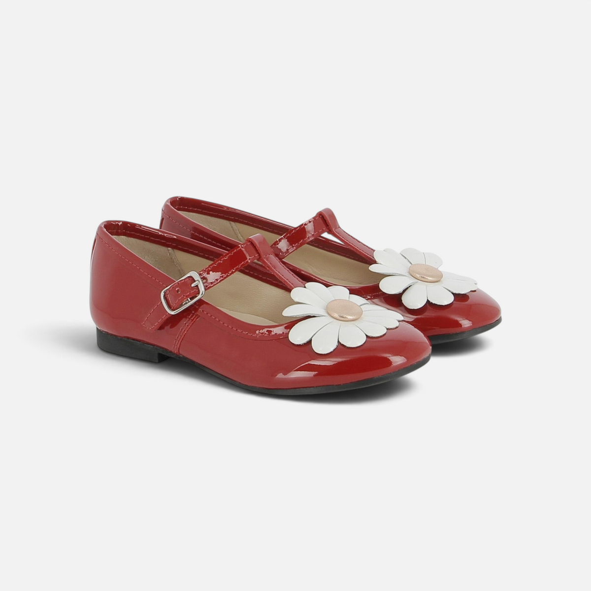 Pom d'Api Dory Flo ballet flats in red patent leather with an adjustable strap and a daisy flower detail on the upper