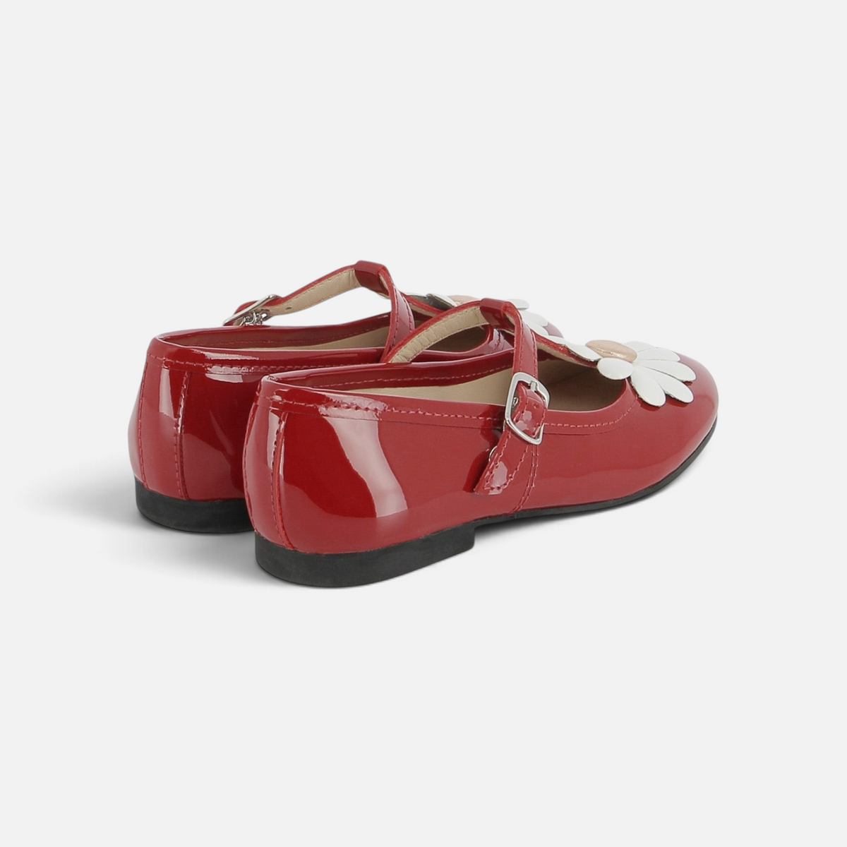 Pom d'Api ' Dory Flo ballet flats in red patent leather with an adjustable strap and a white flower detail on the upper