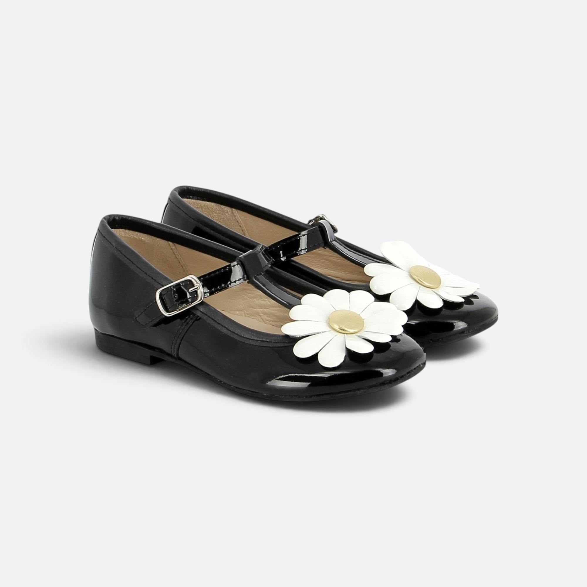 Ballerines Pom d'Api Dory Flo en cuir verni noir avec bride réglable et motif fleur marguerite sur le dessus