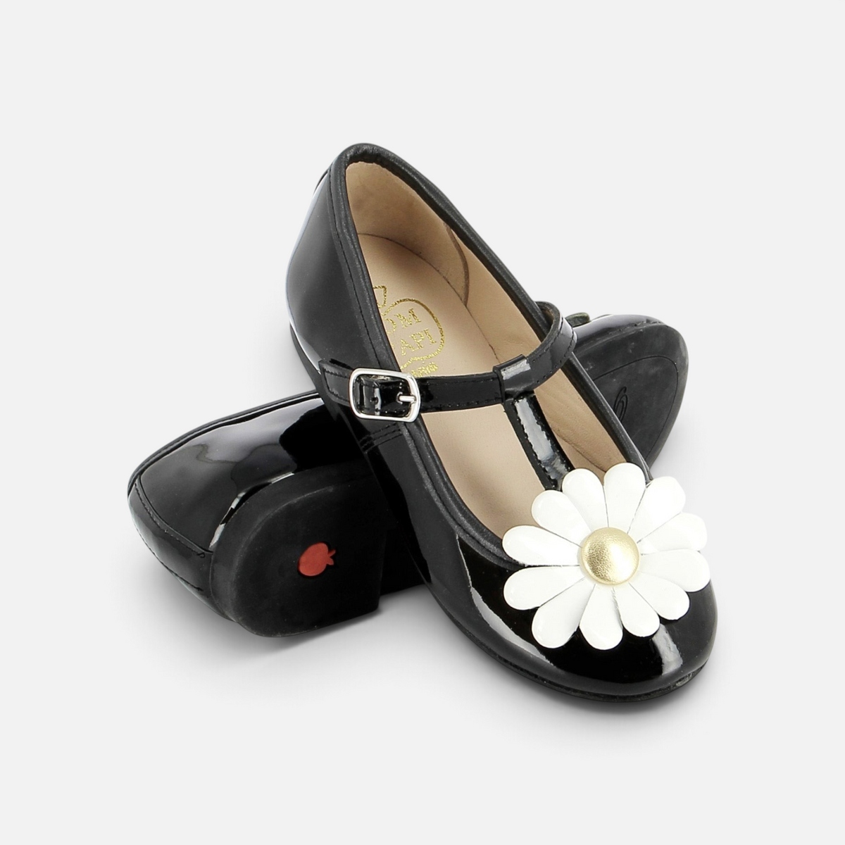 Ballerines Pom d'Api Dory Flo en cuir verni noir avec bride réglable et motif fleur marguerite sur le dessus