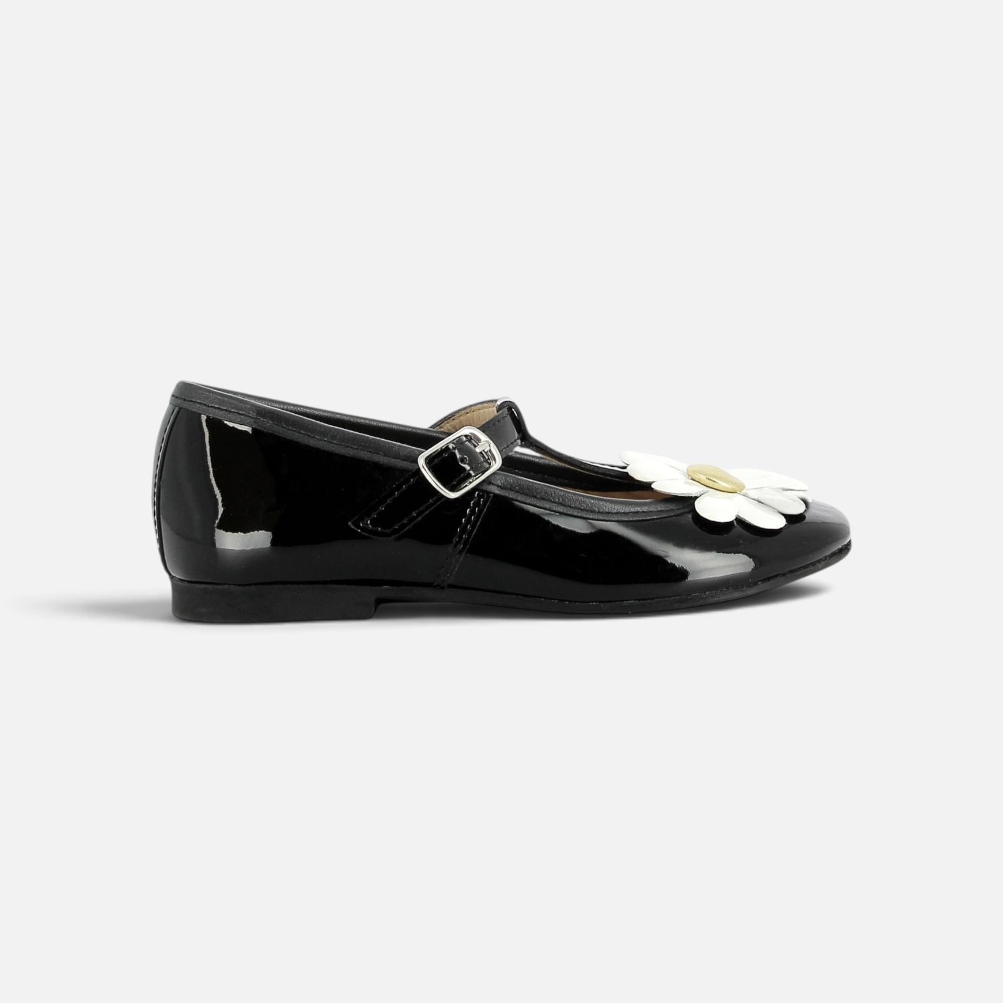 Ballerine Pom d'Api Dory Flo en cuir verni noir avec bride réglable et motif marguerite blanc sur le dessus
