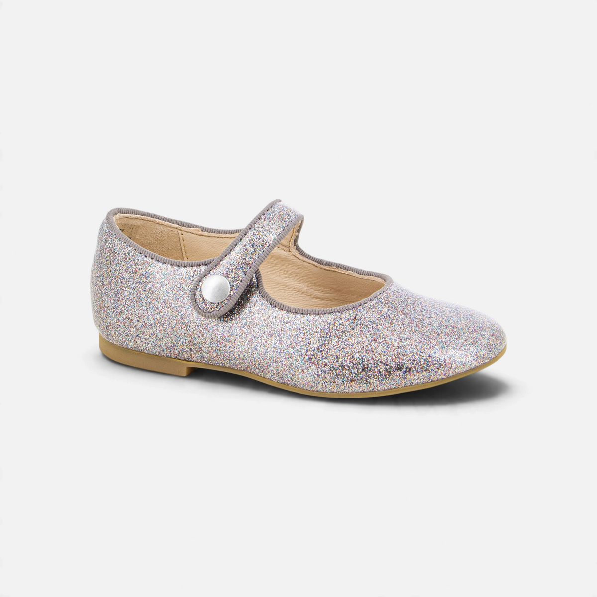 Ballerine Pom d'Api Daisy Baby en cuir pailleté multicolore avec bride à scratch et bouton pression décoratif
