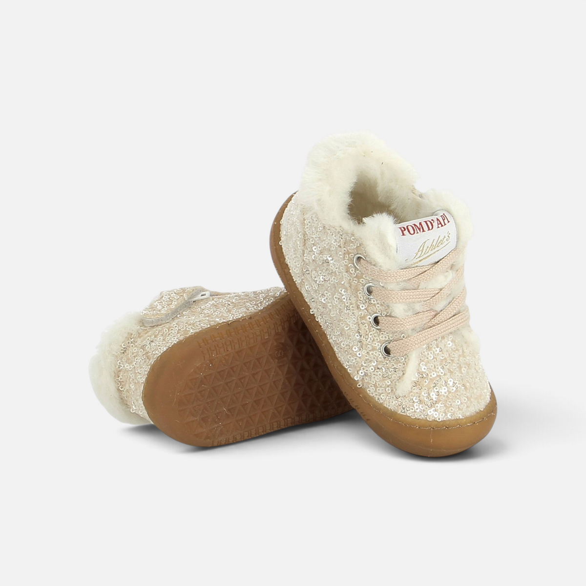 Chaussures premiers pas Pom d'Api Yaka Walk Fur couleur crema avec sequins brillants et doublure en fourrure chaude