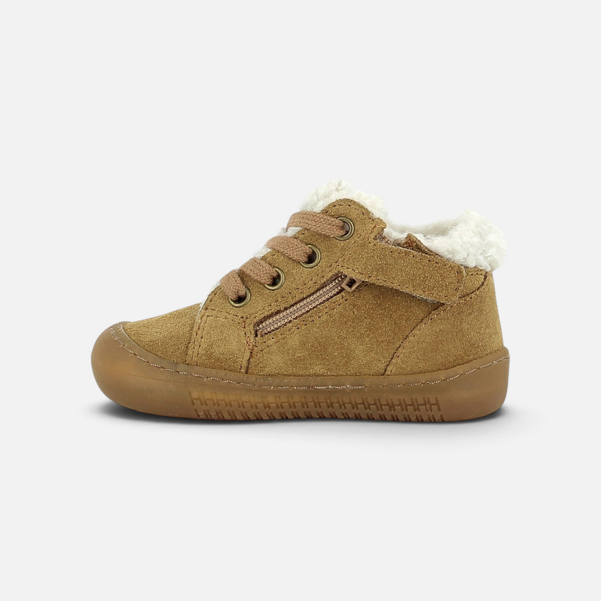 Pom d'Api Yaka Walk Fur barefoot-schoen van karamelkleurig suède met witte bontvoering en soepele zool
