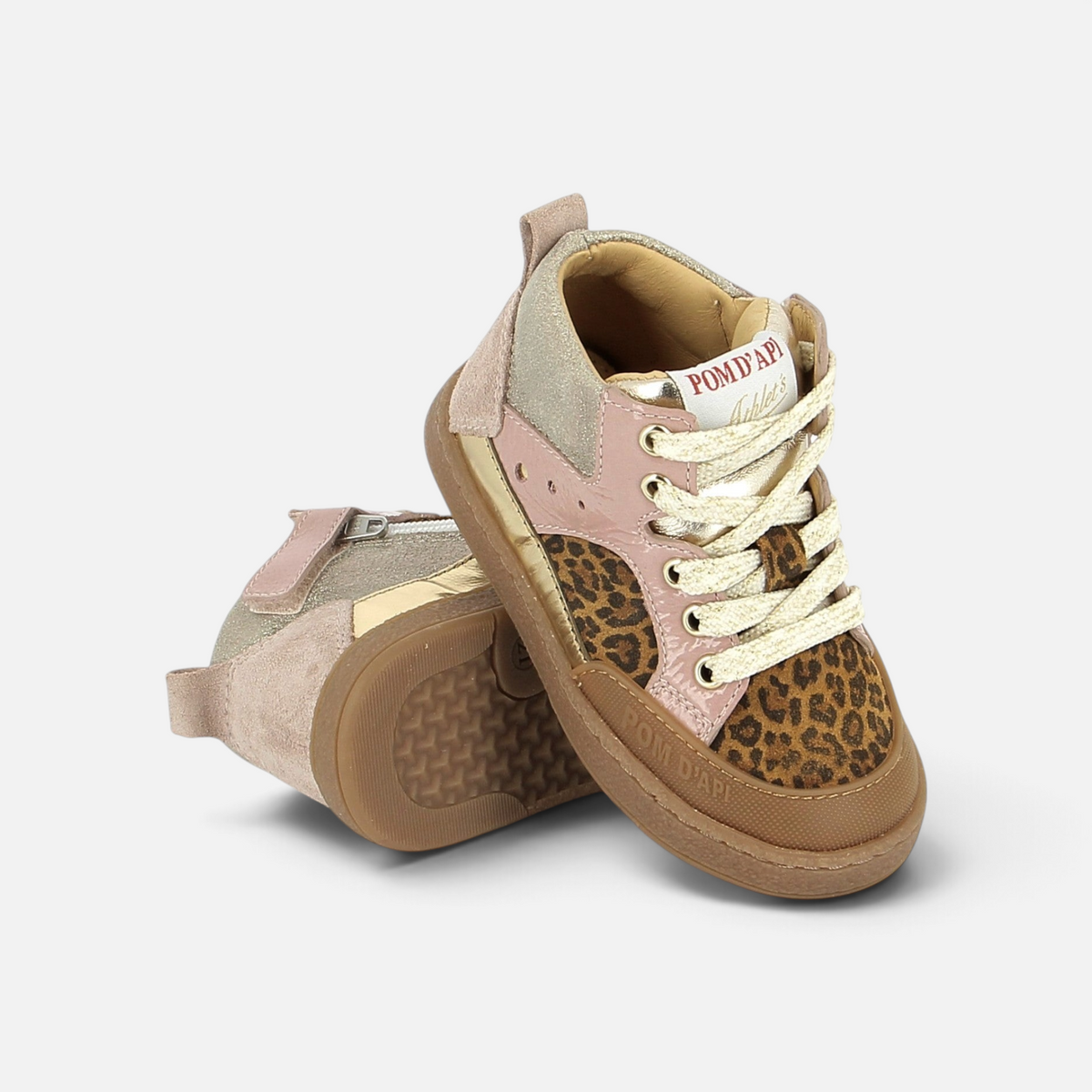 Baskets Pom d'Api Mousse Bump pour bébé en cuir rose, beige et imprimé léopard avec lacets et semelle souple