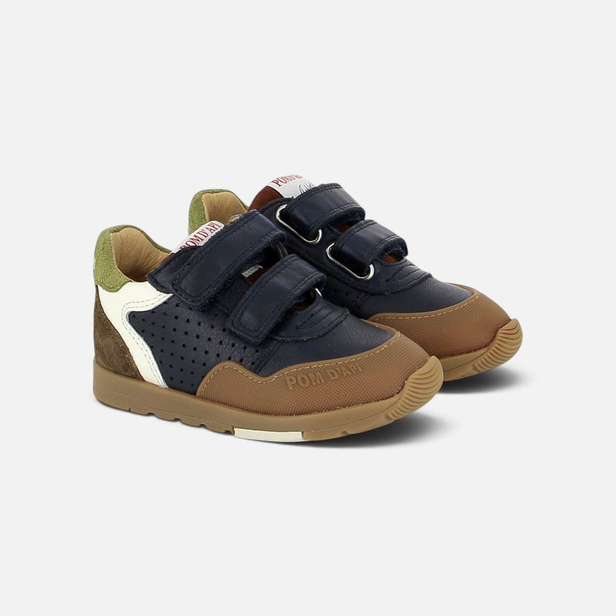 Pom d'Api Pouss Bump sneakers in navy leather and suede, jogger-style with Velcro straps and a sturdy rubber sole.