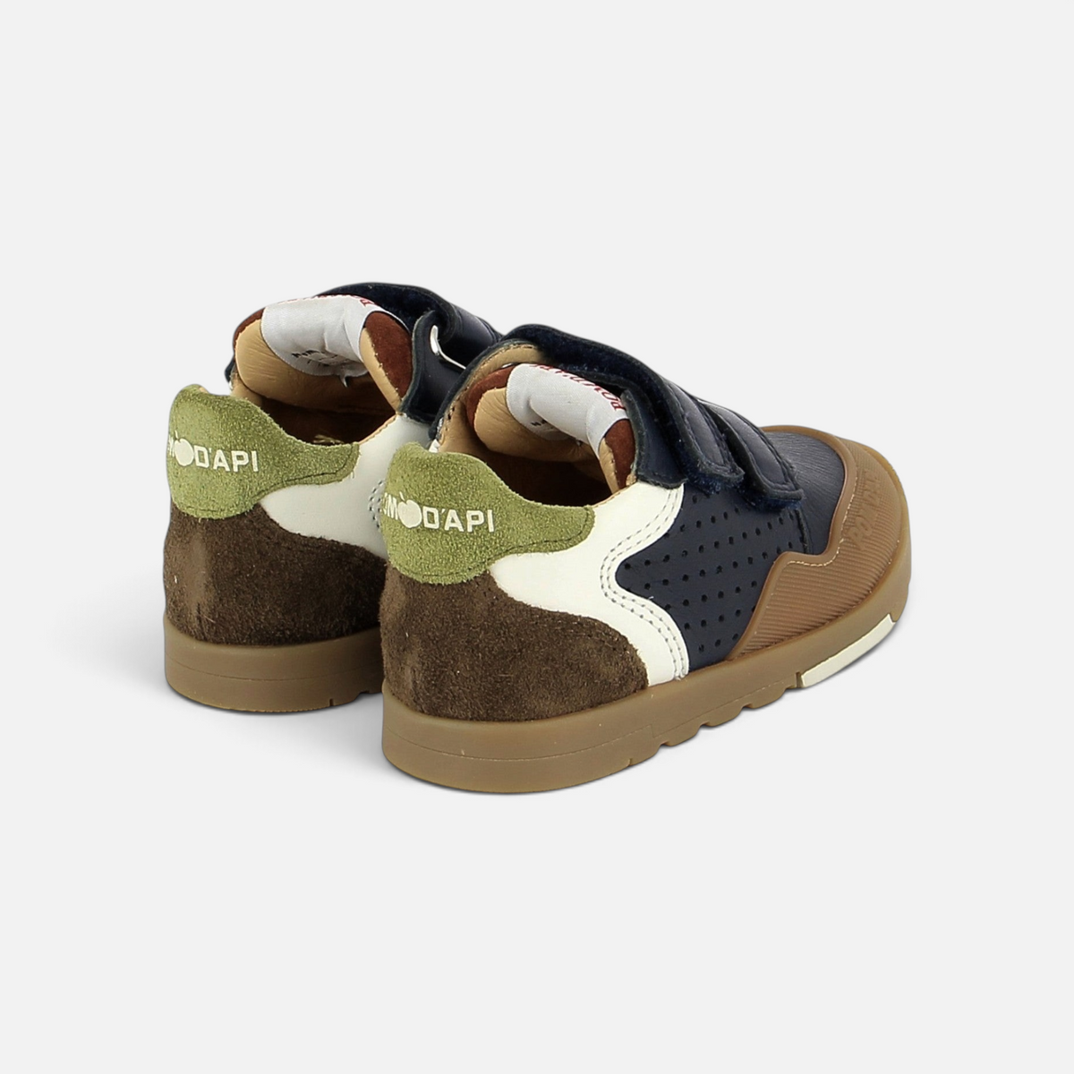 Pom d'Api Pouss Bump sneakers in navy leather and brown suede with Velcro straps and a sturdy rubber sole