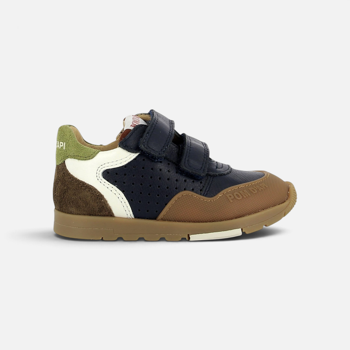 Pom d'Api Pouss Bump sneakers in navy leather, brown and green suede, with Velcro straps and a sturdy rubber sole