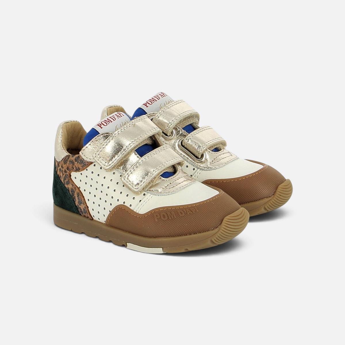 Pom d'Api ' Pouss Bump Perfo sneakers in white and gold leather with leopard-print details, Velcro straps, and a rubber sole