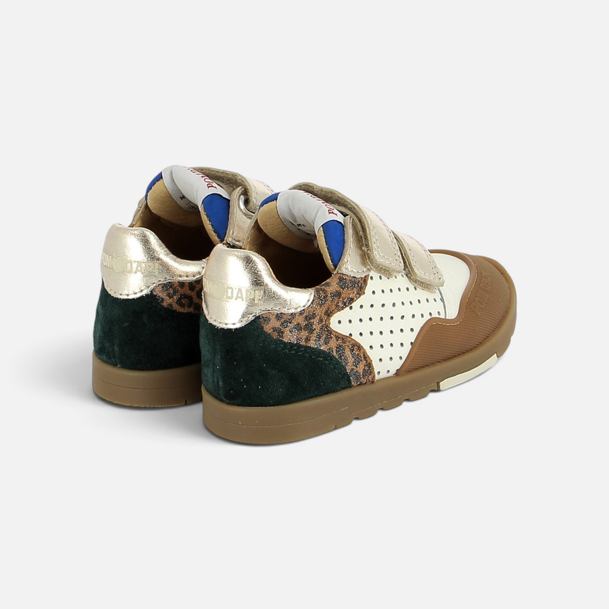 Pom d'Api ' Pouss Bump sneakers in white perforated leather, with leopard-print details, dark green panels, and gold accents