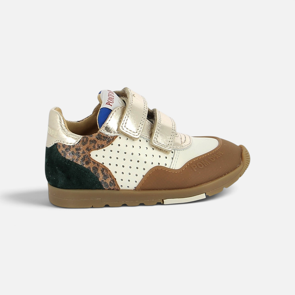 Pom d'Api Pouss Bump Perfo sneakers in white, gold, and leopard-print leather with Velcro straps and a rubber sole