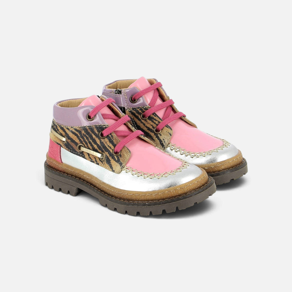 Pom d'Api 's Wall Boat children's shoes in pink, silver, and animal print leather with fuchsia laces and a lugged sole.