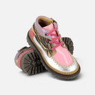 Pom d'Api Wall Boat children's shoes in pink, silver, and animal-print patent leather with a lugged sole and laces