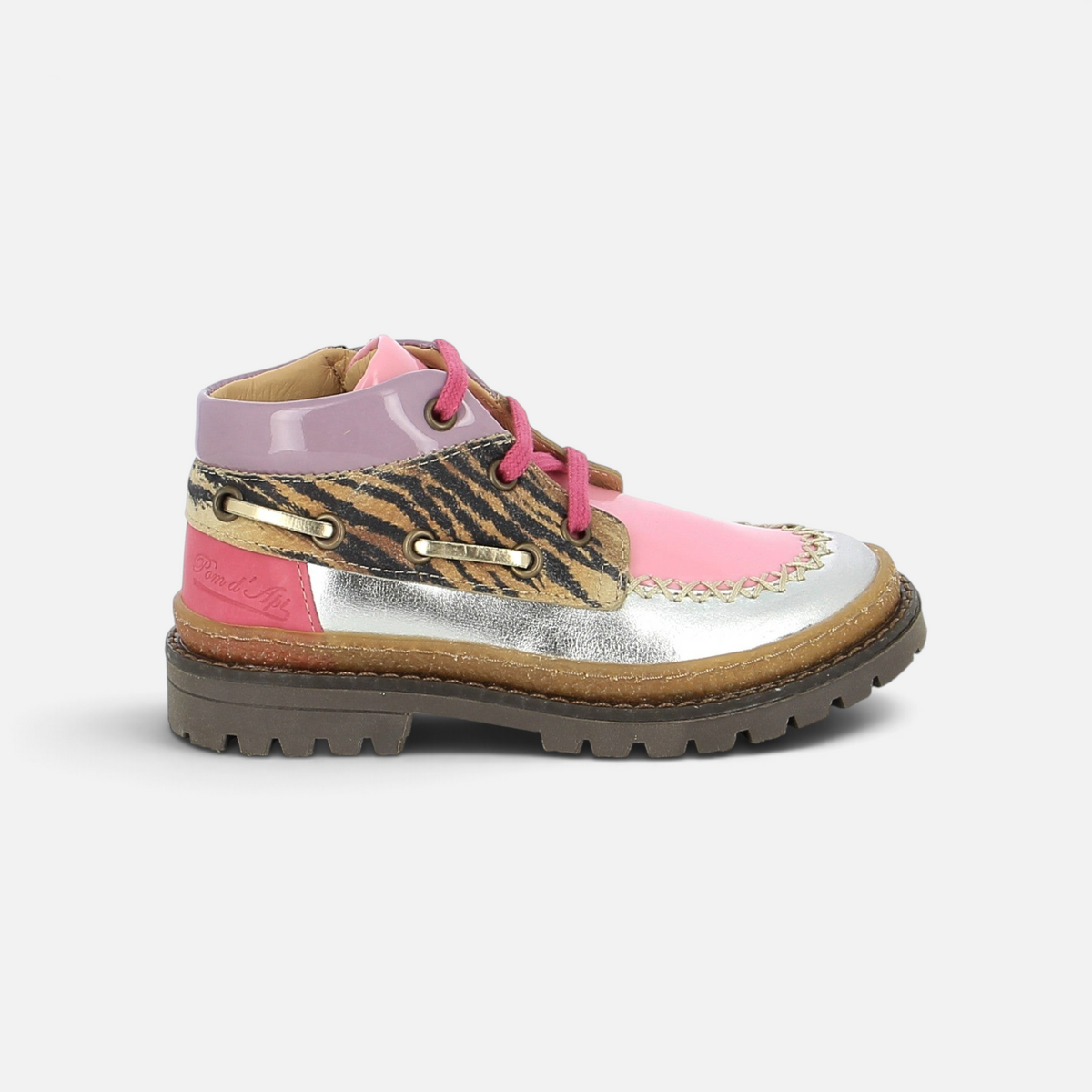 Pom d'Api Wall children's boat shoes in silver, pink, and animal print leather, with a lugged sole and side zipper