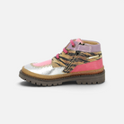 Pom d'Api Wall Boat high-top sneakers in silver, pink, and tiger-print leather with a lugged sole and side zipper