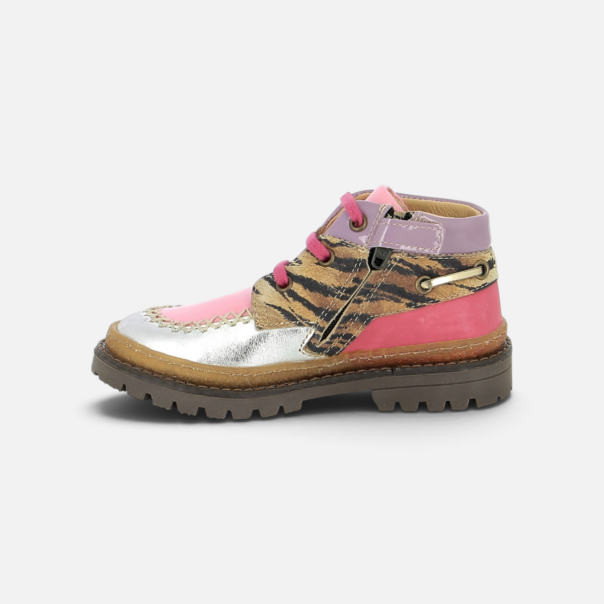 Pom d'Api Wall Boat high-top sneakers in silver, pink, and tiger-print leather with a lugged sole and side zipper
