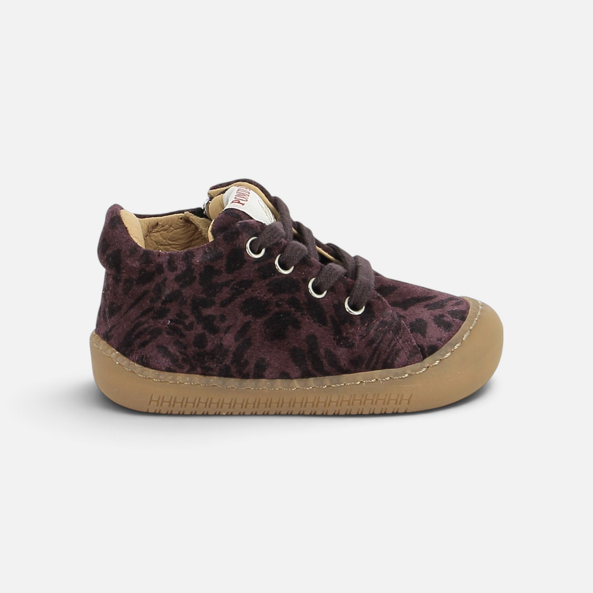 Chaussures barefoot Pom d'Api Yaka Walk Savana en velours violet à motif léopard avec semelle souple en gomme