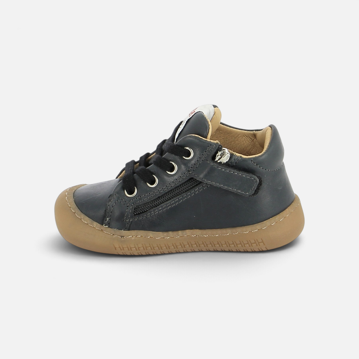 Chaussures barefoot Pom d'Api Yaka noires en cuir souple avec semelle fine et fermeture éclair latérale