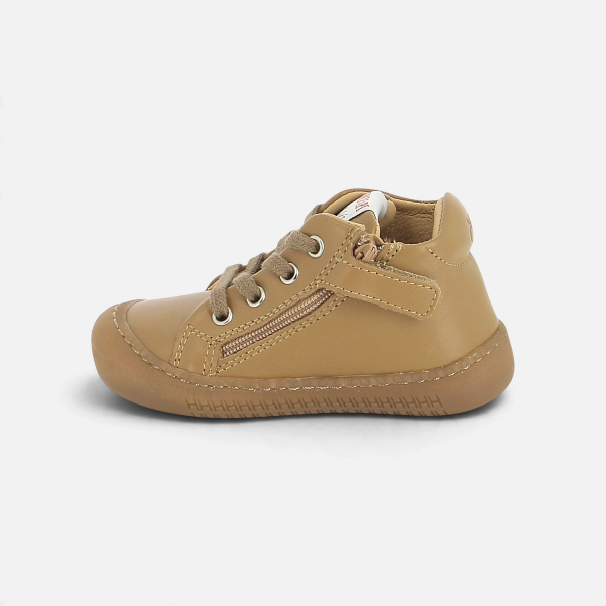 Chaussures barefoot Pom d'Api Yaka en cuir nappa tabac avec semelle souple et fermeture éclair latérale