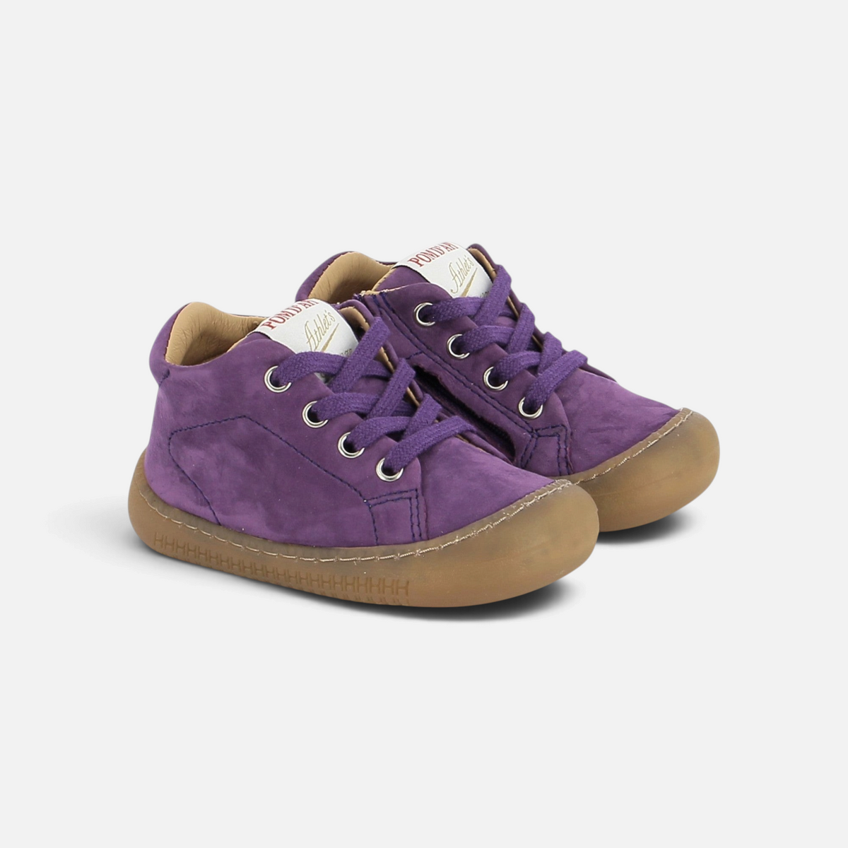 Chaussures barefoot Pom d'Api Yaka en nubuck violet avec semelle souple et lacets pour les premiers pas de l'enfant