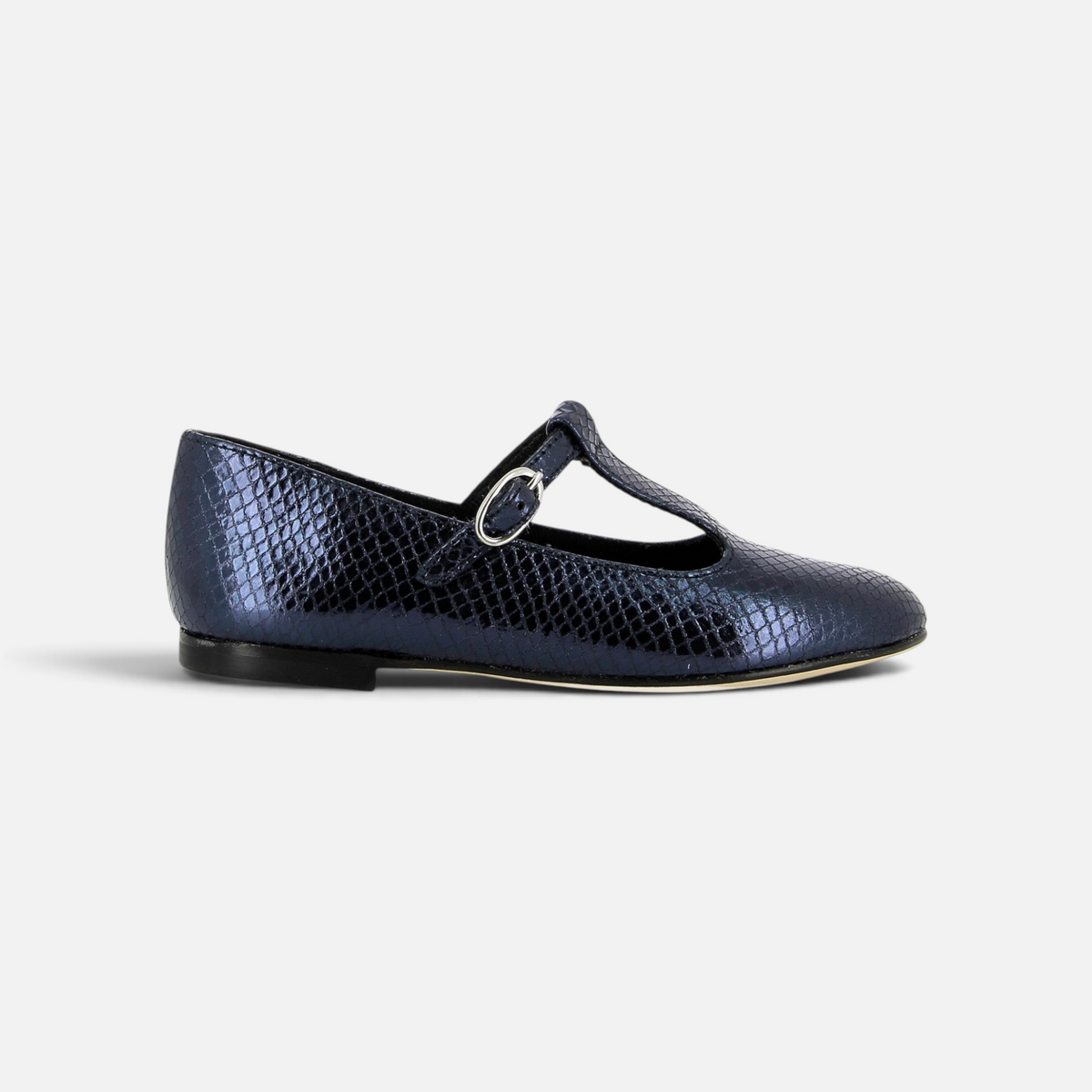 Ballerine Pom d'Api bleu marine effet écailles avec bride salomé et boucle métallique pour fille