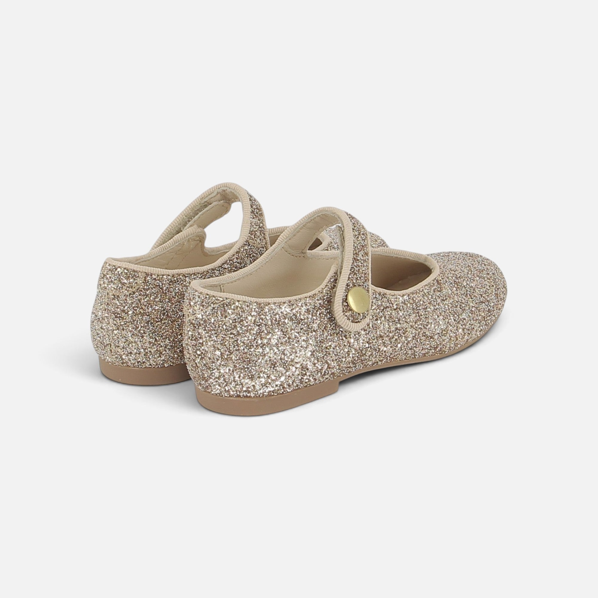 Ballerines Pom d'Api Daisy Baby en cuir pailleté platine avec bride à scratch et bouton pression décoratif