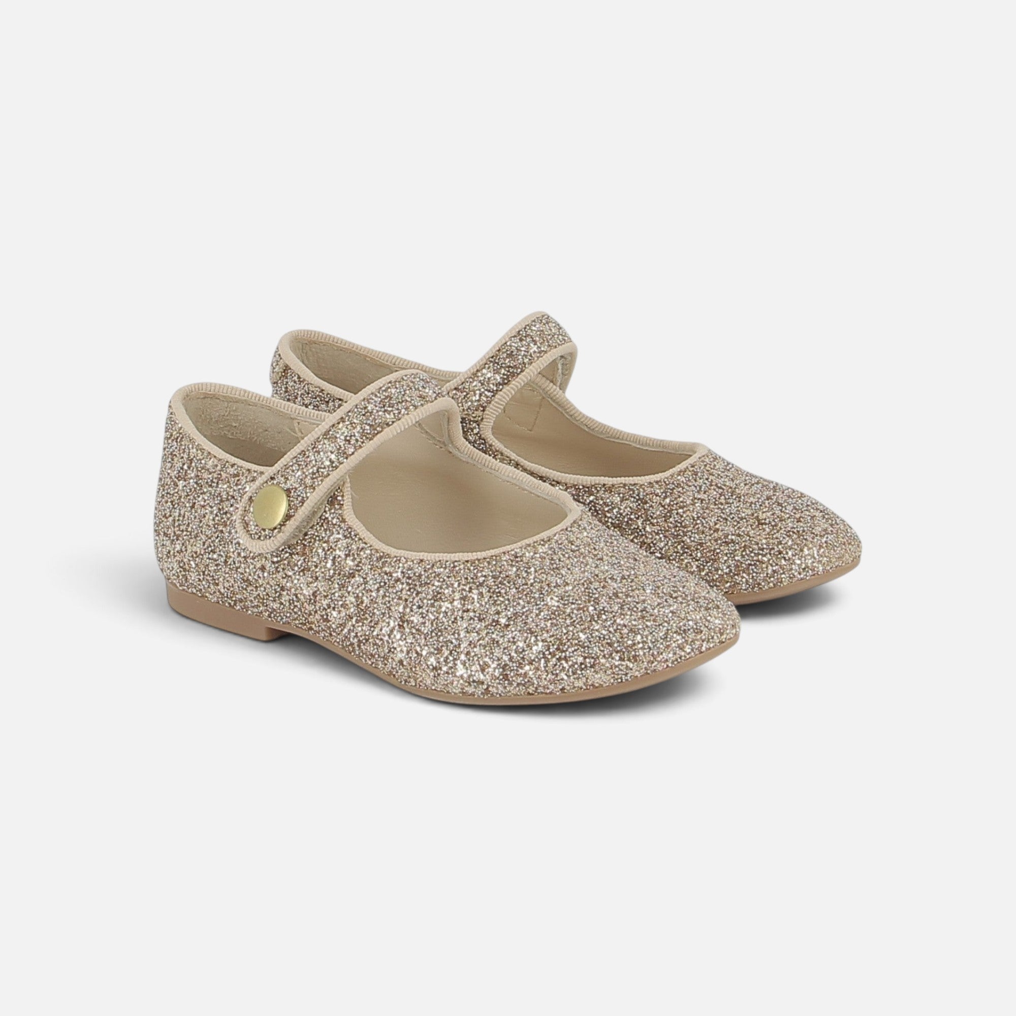Ballerines Pom d'Api Daisy Baby en cuir pailleté platine avec bride à scratch et bouton pression décoratif