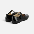 Ballerines Pom d'Api Daisy Baby en cuir vernis noir avec bride à scratch et bouton pression décoratif