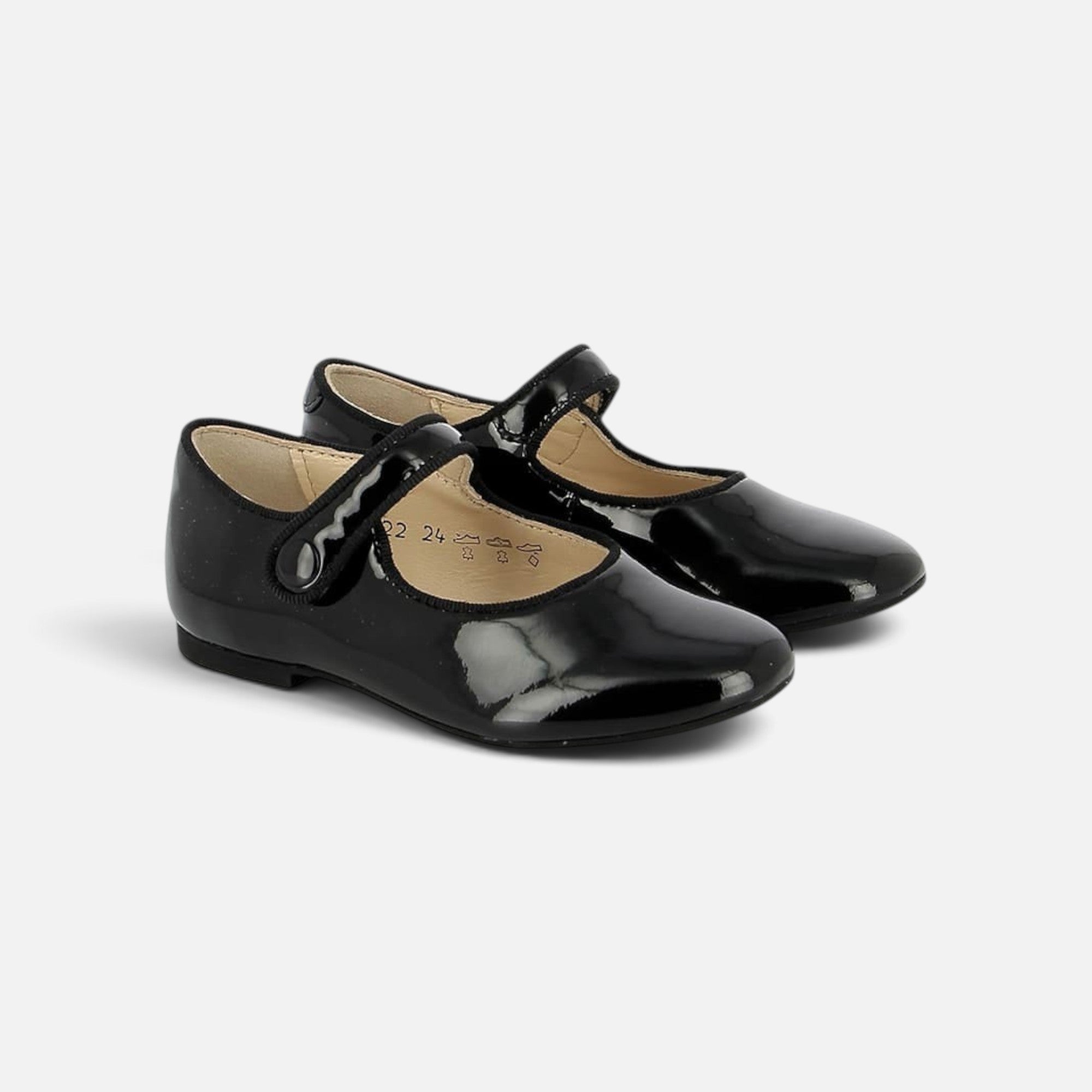 Ballerines Pom d'Api Daisy Baby en cuir vernis noir avec bride à scratch et bouton pression décoratif