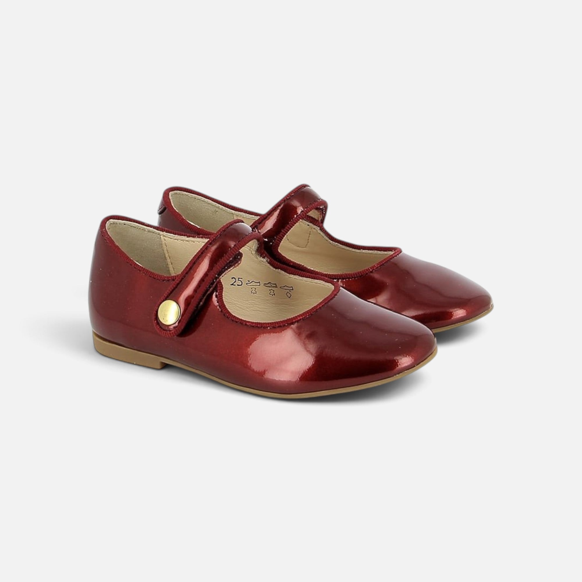 Ballerines Pom d'Api Daisy Baby en cuir vernis rouge rubis avec bride à bouton pression pour enfant