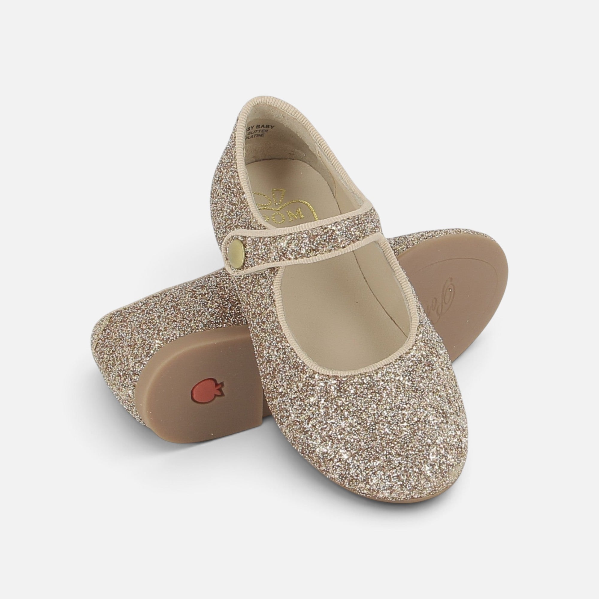 Ballerines Pom d'Api Daisy Baby en cuir pailleté platine avec bride à scratch et semelle intérieure confortable