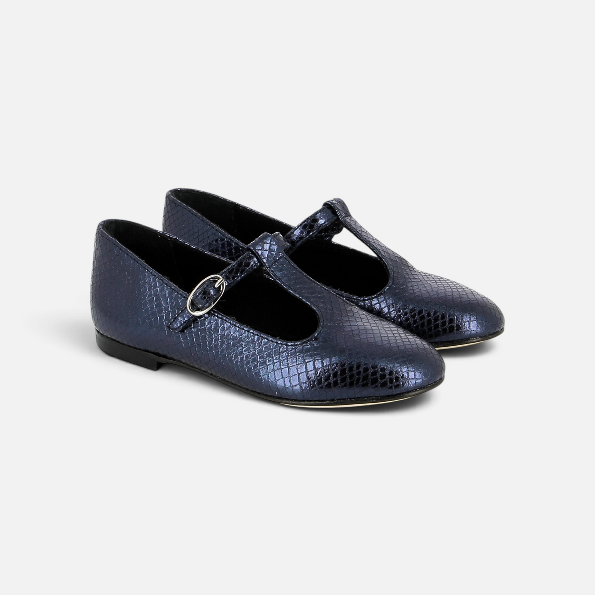 Ballerines salomé Pom d'Api pour fille en cuir bleu marine effet écailles avec bride à boucle et antiglissoire