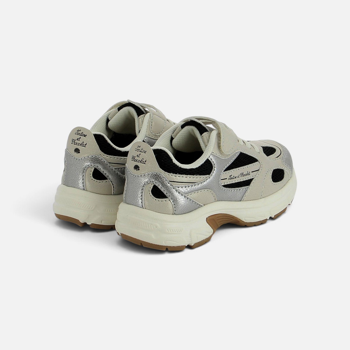 Baskets compensées Pom d'Api pour enfant en cuir argenté et mesh beige avec semelle épaisse et fermeture velcro