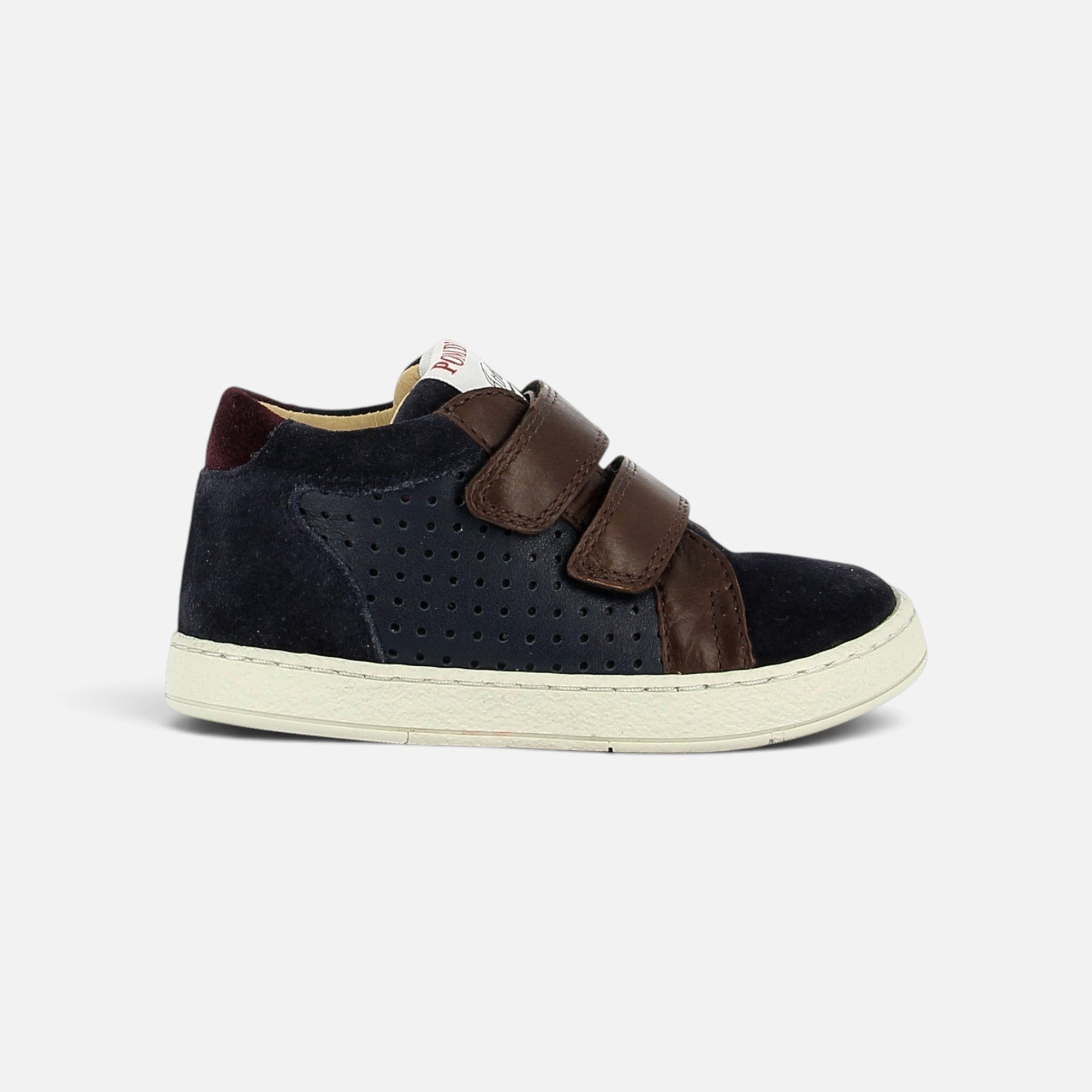 Basket Pom d'Api Mousse Easy Perfo en cuir velours bleu marine et marron avec fermetures velcro et semelle souple