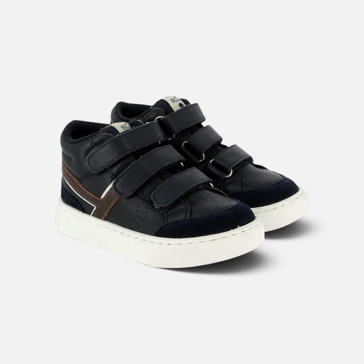 Basket montante Pom d'Api bleu marine en cuir avec double fermeture velcro et semelle cuvette blanche