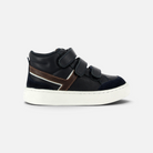 Basket montante Pom d'Api en cuir bleu marine avec détails marron, fermeture velcro et semelle cuvette blanche