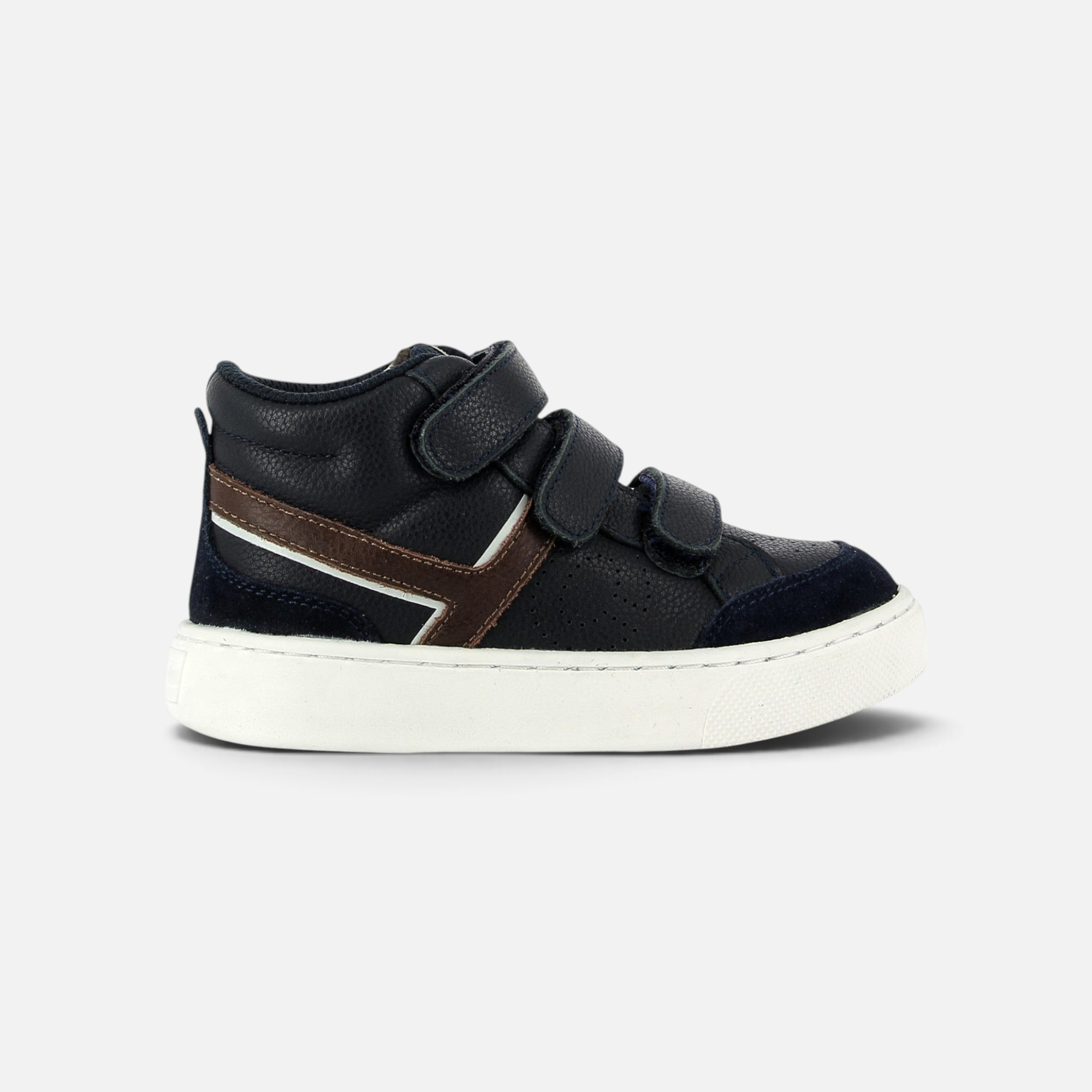 Basket montante Pom d'Api en cuir bleu marine avec détails marron, fermeture velcro et semelle cuvette blanche