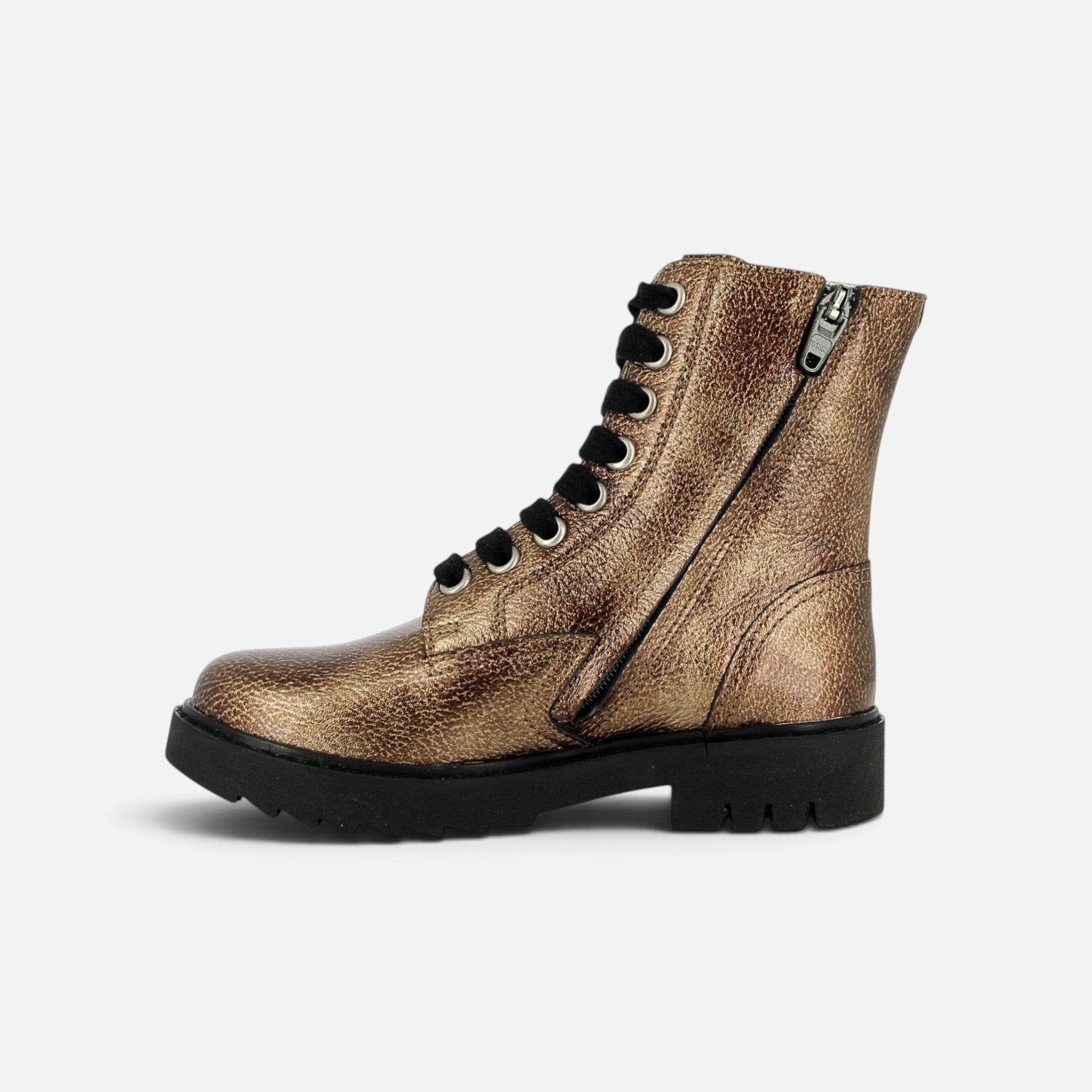 Boots Pom d'Api Sid Ranger en cuir métallisé bronze avec semelle crantée noire et fermeture éclair latérale