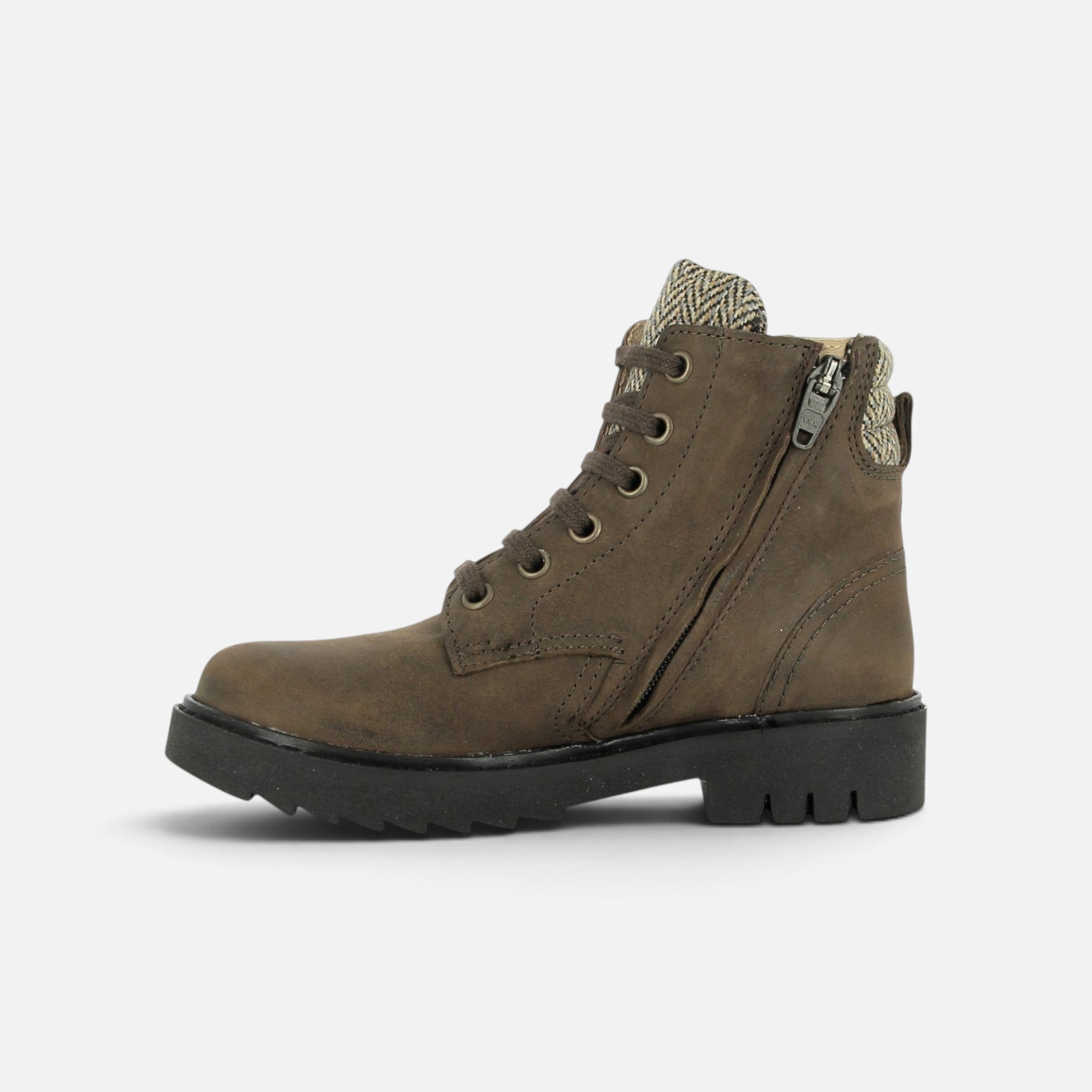 Boots montantes Pom d'Api Sid Hi Bike en cuir marron avec col en tweed, lacets et semelle crantée noire