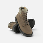 Boots montantes Pom d'Api en cuir marron avec col en tweed et semelle crantée noire style biker