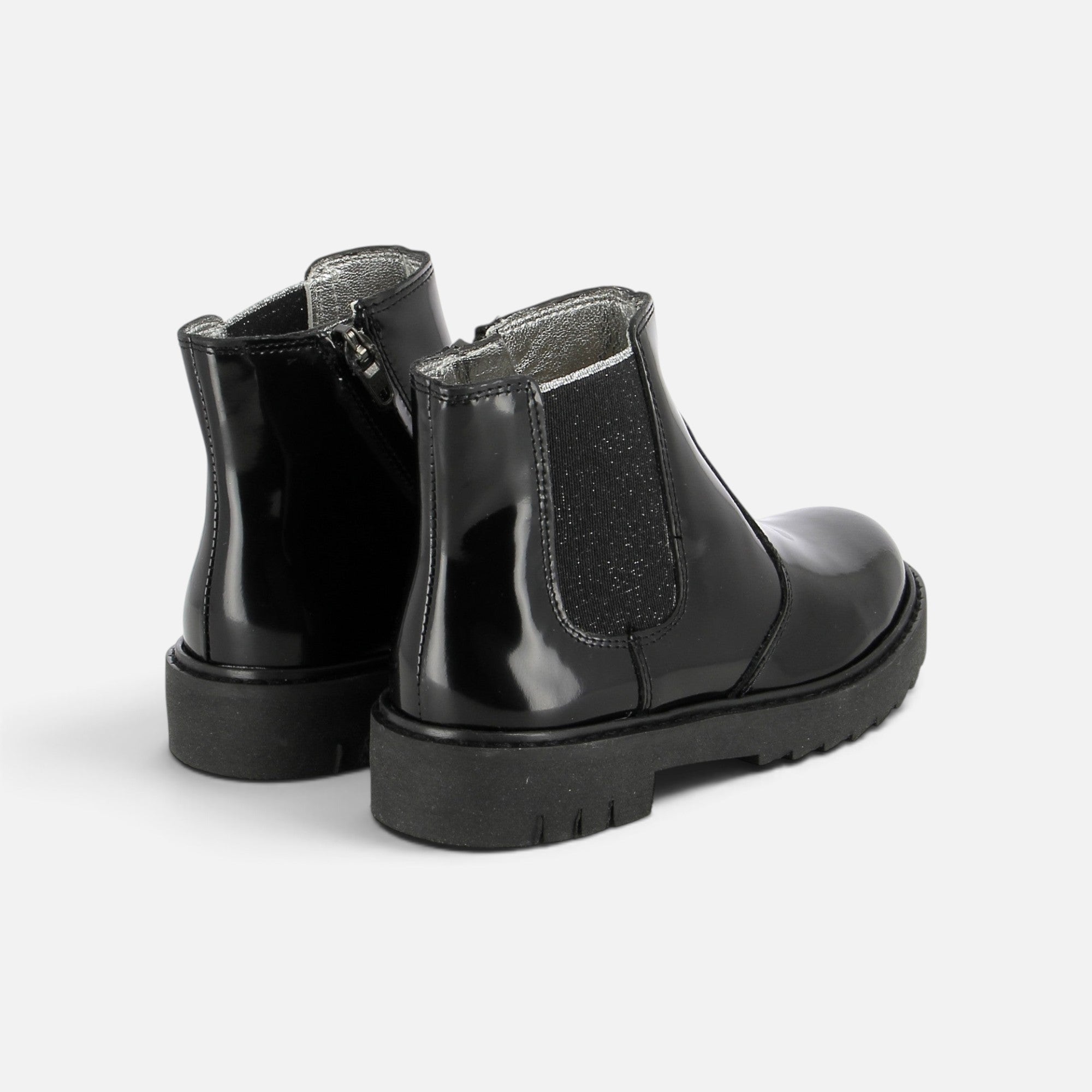 Boots Pom d'Api Sid noires en cuir verni avec semelle crantée épaisse et fermeture éclair latérale