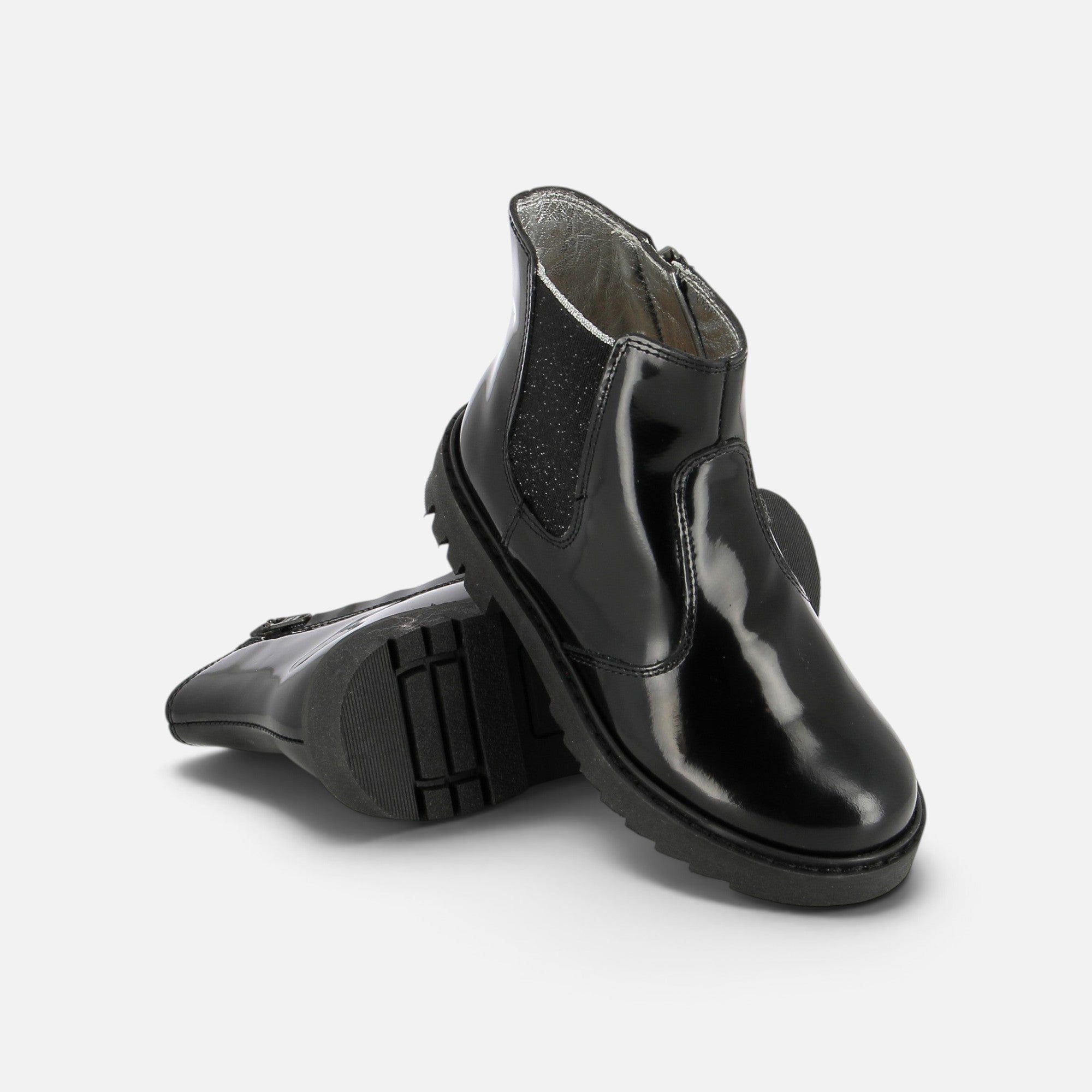 Boots Pom d'Api Sid Jodzip noires en cuir verni avec semelle crantée épaisse et fermeture éclair latérale