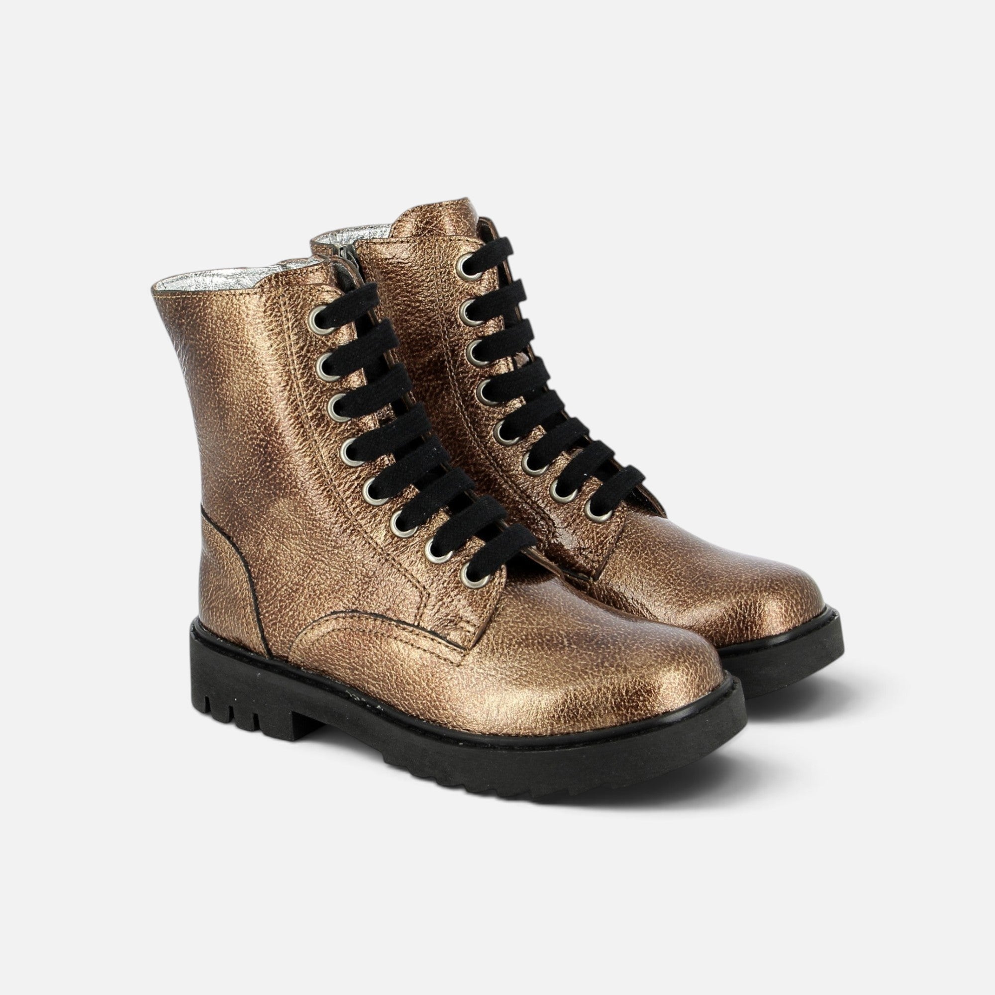 Boots Pom d'Api Sid Ranger en cuir métallisé bronze avec lacets noirs et semelle crantée épaisse