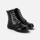 Boots Ranger Pom d'Api noires en cuir verni avec lacets pailletés, semelle crantée épaisse et fermeture zippée