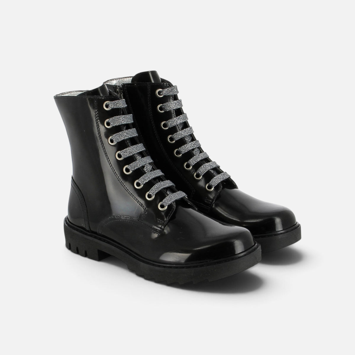 Boots Ranger Pom d'Api noires en cuir verni avec lacets pailletés, semelle crantée épaisse et fermeture zippée